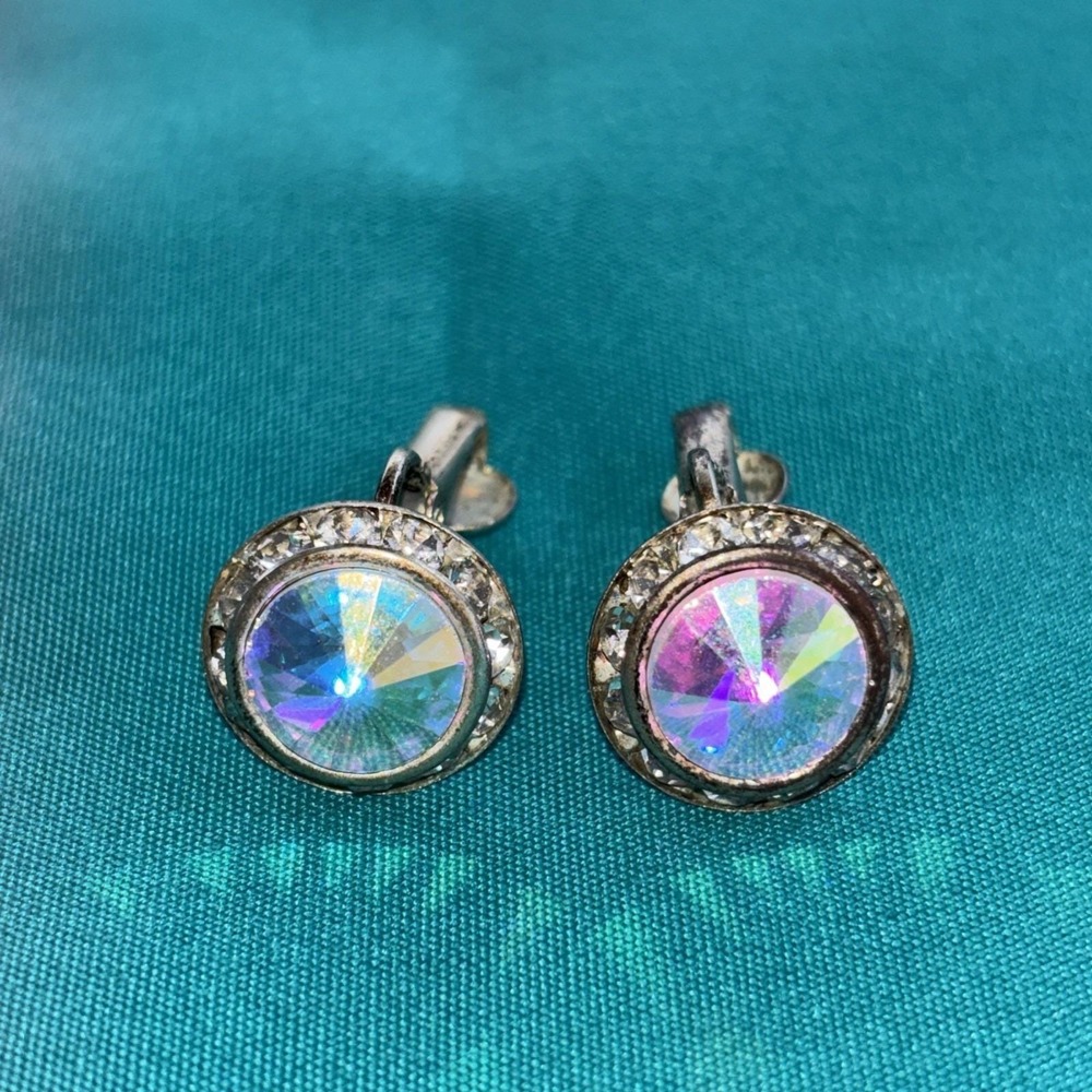 Aurora Borealis Clip-on Vintage Earrings Colorful 1/2" Round Silver Tone